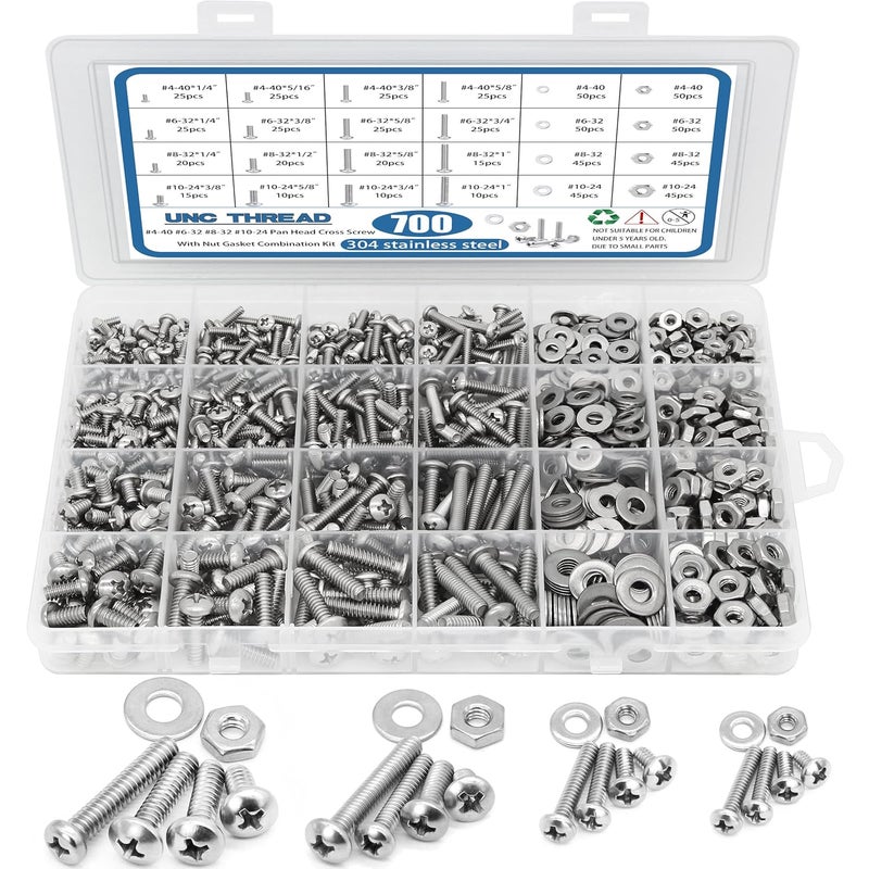 SATANTECH 700Pcs Nuts and Bolts Assortment Kit, 4-40#6-32#8-32#10-24 Phillips Pan Head Assortment Stainless Steel Bolts Nuts Flat Washers Nuts Bolts with Case - Image 1